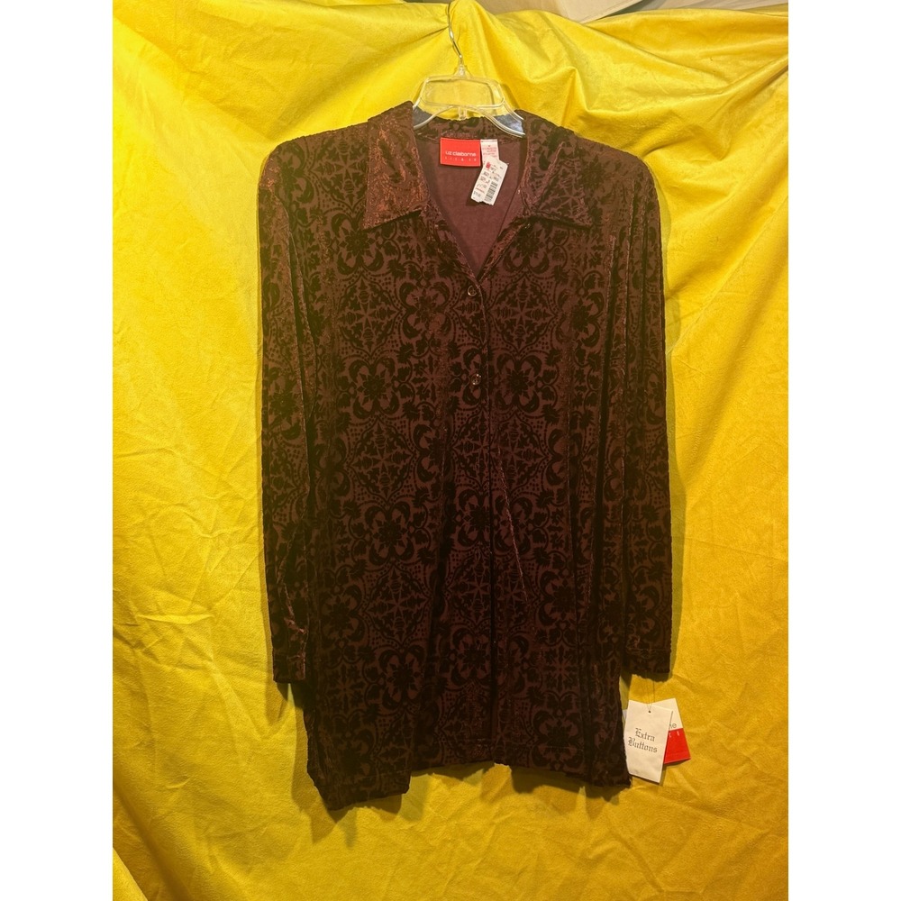 Liz Claiborne Liz & Co Burgundy Velvet Damask Burnout Button Down Tunic Top M